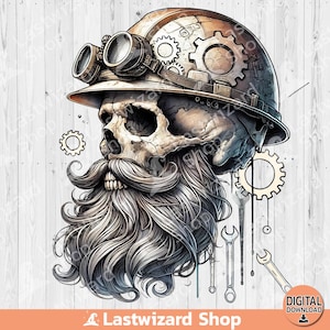 May include: A black and white illustration of a skull wearing a hard hat with gears and goggles. The skull has a long, bushy beard. The background is a white wood grain pattern.