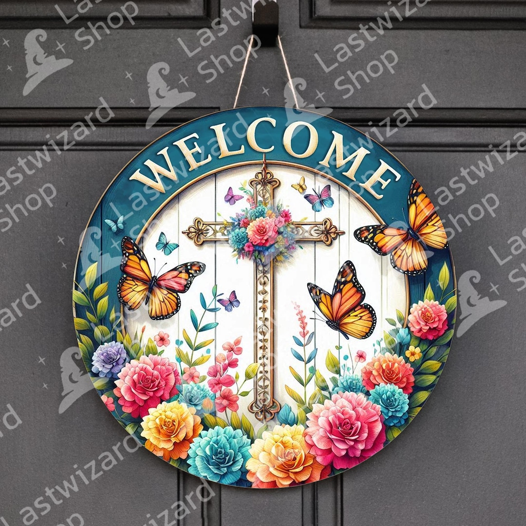 Spring Floral Butterfly Cross Welcome Sign PNG, Christian Door Hanger ...