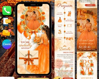 Quinceañera Digital Website Invitation, Orange Marigold Sweet 16 Invite with RSVP Tracker, Countdown Timer & Instant Download Template
