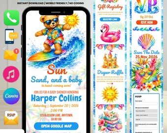 Baby Shower Invitation Summer Theme For Beach & Coastal Lovers | Baby Shower Invitation Beach Theme For Summer And Tropical Season Parents