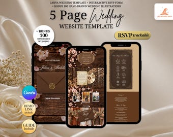 Espresso Brown & Sakura Wood Wedding Website Invitation with RSVP | Rustic Countryside Canva Digital Invitation, Save the Date Mobile Invite