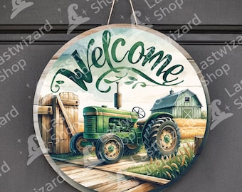 Green Tractor Round Sublimation Door Hanger Diseño PNG, Signo de puerta de bienvenida PNG redondo de 12 pulgadas, Signo de corona, Descarga digital Granja agrícola