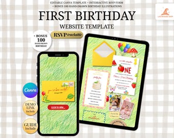 One Hungry Caterpillar Birthday Invitation for Fruit First Birthday Party | Garden Website Template | Mobile Editable Canva