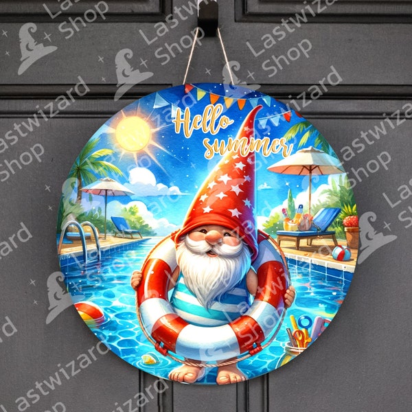 Gnome Pool Round Sublimation Door Hanger PNG Design, Summer Beach Vibes Welcome Door Sign 12 Inch Round PNG, Wreath Sign, Digital Download