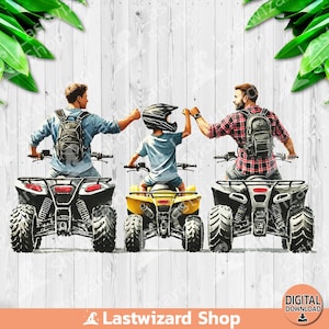 Pode incluir: Três pessoas andando de quadriciclos, dois adultos e uma criança. Os adultos estão usando mochilas e se dando um high five. A criança está usando um capacete e sorrindo. Os quadriciclos são de cores diferentes, um é amarelo, um é preto e um é cinza.