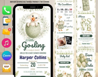 Baby Shower Invite Digital Goose For Sweet & Gentle Theme Parents | Gosling Baby Shower Canva Website Template Invitation Sage Green