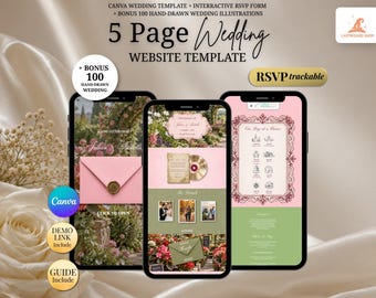 Pink & Green Floral English Garden Wedding Website Invitation with RSVP | Romantic Editable Canva Wedding Website | Mobile-Friendly