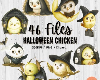 Zestaw uroczych halloweenowych rysunków kurczaków w formacie PNG | Cyfrowa sztuka czarownicy | Jesienne upiorne grafiki zwierząt | Pobierz 46 plików w wysokiej rozdzielczości