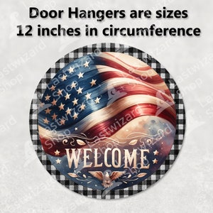Modern farmhouse enthusiasts American flag welcome sign sublimation design for round wood door hangers and DIY wreaths