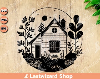 House in forest svg, cabin layered svg, nature Svg, wildlife Svg, trees Svg Tattoo, Vinyl Cutter, Cricut, silhouette, png sublimation