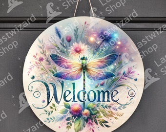Libélula mágica con flores, colgador de puerta de sublimación redonda, diseño PNG, letrero de puerta de bienvenida, PNG redondo de 12 pulgadas, letrero de corona, descarga digital