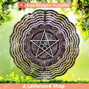 May include: A metal wind spinner with a pentagram design in the center. The pentagram is surrounded by a circle with symbols and runes. The wind spinner is black and silver with a purple glitter background.