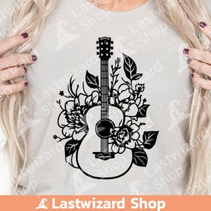 Bohemian style botanical acoustic guitar PNG digital download for music lover t-shirt sublimation.