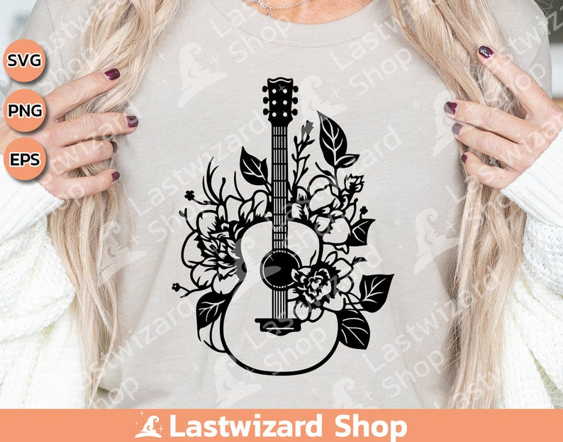 Bohemian style botanical acoustic guitar PNG digital download for music lover t-shirt sublimation.