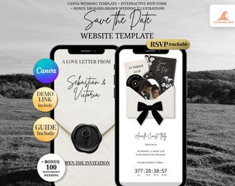 Black & White Old Money Save the Date Website Template | Editable Canva Wedding Website with RSVP | Mobile-Friendly, No Experience Needed