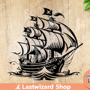 Puede incluir: Silueta negra de un barco pirata con velas y una bandera con una calavera y huesos cruzados. El barco navega en un mar ondulado.