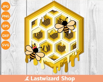 3D Biene und geschichtete Honigwabe svg, Mandala svg, Babyparty-Wand-Kunst-Dekorationssvg, tropfend mit Honig, Png, Eps für Cricut, Silhouette