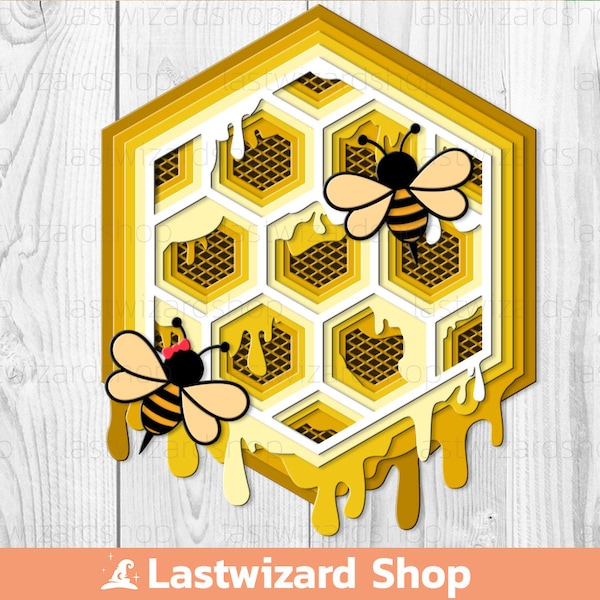 3D Bee and Layered Honeycomb Svg, Mandala Svg, Baby Shower Wall Art Decorations Svg, Dripping with Honey, Png, Eps For Cricut, Silhouette