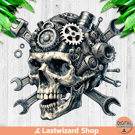 Watercolor Mechanic Skull PNG, Steampunk Garage Decor, Wrench & Skull Sublimation Design, Handyman Father's Day Gift Digital Art for T-Shirt