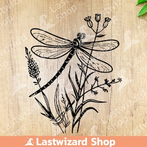 Dragonfly with grass svg, Insect Svg, Nature Svg, Summer Svg, Dragonfly garden Svg Tattoo, Cricut, png, Gift for Wild Flowers lover, Wedding