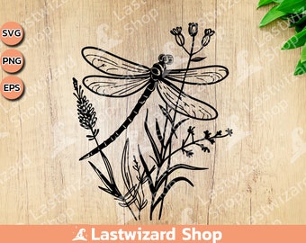 Dragonfly with grass svg, Insect Svg, Nature Svg, Summer Svg, Dragonfly garden Svg Tattoo, Cricut, png, Gift for Wild Flowers lover, Wedding