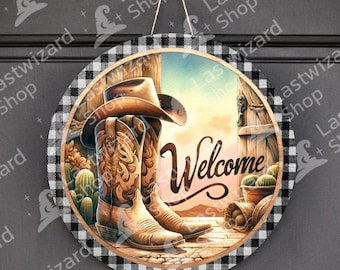Welkomstdeurhanger cowboylaars en cactus: zuidwestelijk png-ontwerp (digitale download)