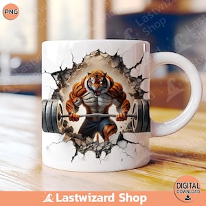 3D Tiger Lifting Barbell Hole Wall Cracked Mug Wrap 11oz & 15oz Mug Wrap Template, Funny Fitness Coffee Mug Png Sublimation Design, Gym Gift