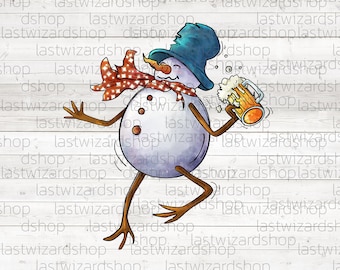 Diseño PNG de sublimación de divertido muñeco de nieve navideño con cerveza (descarga digital)