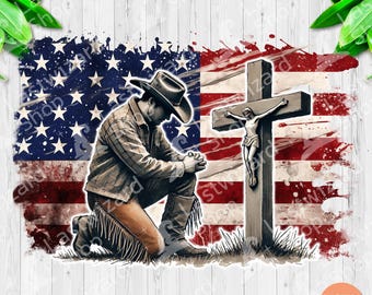 Retro Cowboy Kneeling at Cross PNG: American Flag