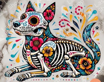 Watercolor Sugar Skull Dog Memorial Gift PNG for Dia de los Muertos, Day of the Dead Pet Memorial Sublimation, Colorful Calavera Dog Clipart