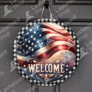 Watercolor 4th of July wreath USA flag welcome door hanger PNG for patriotic homeowners and farmhouse porch decor