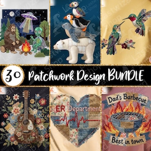 Paquete de 30 parches de sublimación PNG con diseño de colcha con apliques peculiares, guitarra floral, corazón médico y archivo digital de extraterrestre Pie Grande.