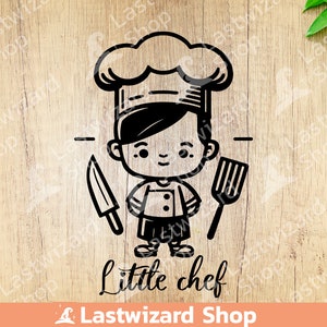 Puede incluir: Ilustración en blanco y negro de un niño chef con un gorro de cocinero y sosteniendo una espátula y un cuchillo. El texto "Little Chef" está escrito debajo de la imagen.