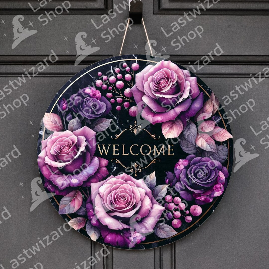 Moody Purple Roses Welcome Sign PNG, Luxury Floral Door Hanger ...