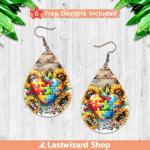 In A World Where You Can Be Anything Be Kind Oorbellen Sublimatie Design PNG, Autisme Zonnebloem Teardrop Earring Template, Earring Blanks