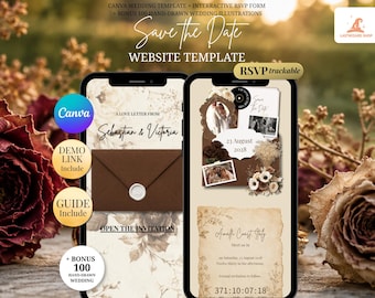 Espresso Brown Floral Save the Date Wedding Website Invitation RSVP, Countdown: Editable Digital Invitation Canva Template for Online Card