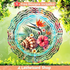 May include: A colorful metal wind spinner with a tropical theme. The design features a seashell, hibiscus flowers, palm leaves, and a bird of paradise. The wind spinner has multiple layers and is designed to spin in the wind.