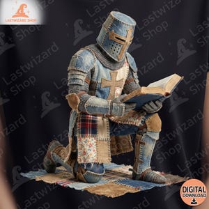 Peut inclure: Un chevalier agenouillé, vêtu d'une armure en denim et patchwork, lisant un livre. Le casque du chevalier présente une croix. L'armure est un mélange de denim bleu, de motifs floraux et de carreaux. L'image a un logo de téléchargement numérique.