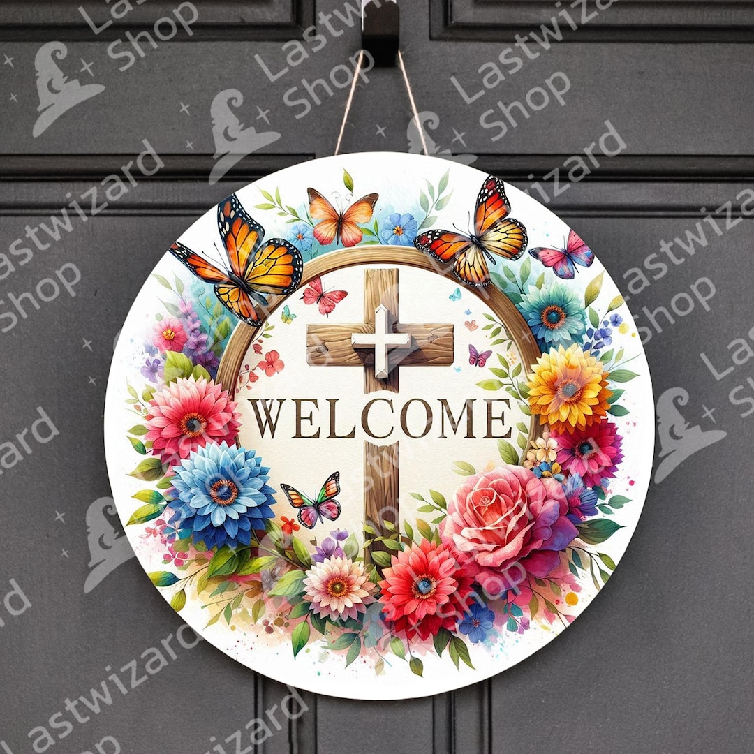 Butterfly Cross Welcome Sign PNG, Christian Front Door Wreath ...