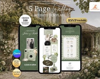 Sage Green Photo Booth Wedding Website Template: Vintage Photography Canva Wedding Website Announcement with Built-In RSVP | Mobile-Friendly