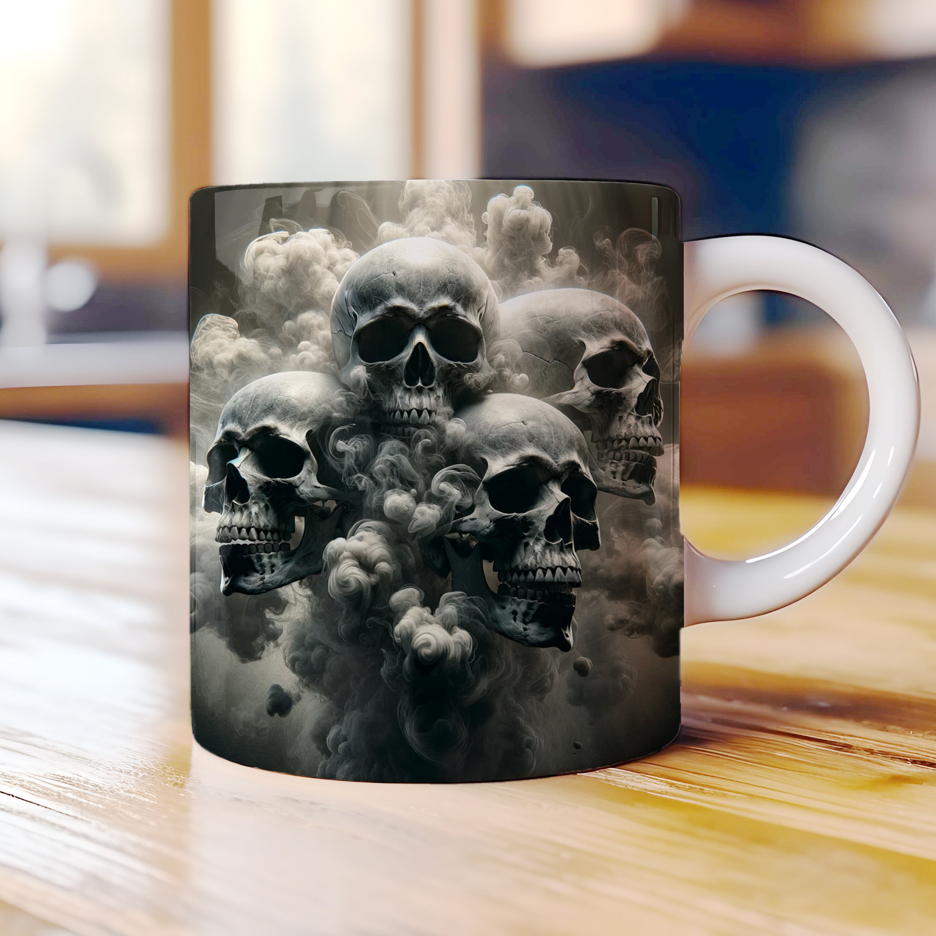 Gothic Skull Mug Wrap: 3D Skulls with Smoke Design (Digital Download)