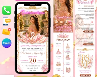 Blush Pink Quinceanera Invitations RSVP Online, Mis Quince Anos Canva Template Sweet 15 Birthday,  Floral Quince Invite Website