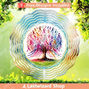 Puede incluir: Un molinillo de viento de metal con un diseño de árbol de cintas de colores. El árbol está rodeado por un círculo de anillos de metal con un degradado azul, verde y naranja. El texto "6 Free Designs Included" está en la parte superior de la imagen.