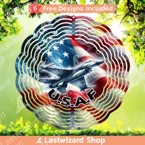 May include: A metal wind spinner with a design of an American flag and a fighter jet. The jet is flying over the flag and the words "U.S.A.F." are printed on the spinner.