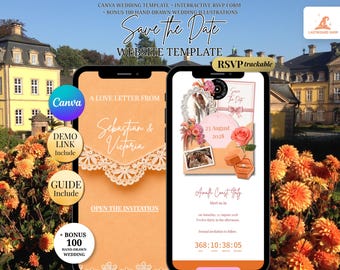 Pink & Orange Save the Date Website with RSVP, Countdown, Music for Paperless Couple | Peach Colorful Floral Canva Wedding Template