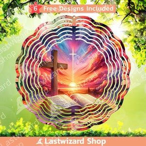 Biblia y cruz con Sunset Wind Spinner PNG, Christian Book Wind Spinner Plantilla de sublimación PNG, Diseño Windspinner, Descarga digital