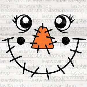 May include: A cartoon-style scarecrow face with black eyes, a stitched-on orange triangle nose, and a black stitched-on mouth on a white wood background.