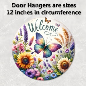 Circular door hanger sublimation design featuring botanical patterns and butterflies for 12-inch or 15-inch front porch signs.