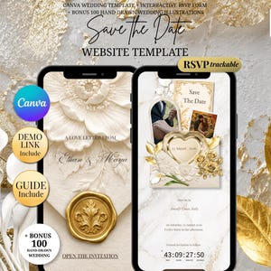 May include: A digital wedding website template displayed on two smartphones, featuring a cream and gold colour palette with floral motifs, a wax seal graphic, photo placeholders, and text including Save The Date, Ethan & Maya, and a countdown timer.