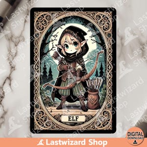 Carte de tarot elfe PNG, conception en sublimation de forêt elfe Archer, jeu de société aquarelle, jeu Ultimate Fantasy PNG, graphismes RPG, téléchargement numérique